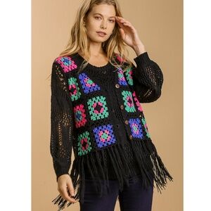 Umgee Black Crochet Fringe VEST with Pink, Green & Blue Accents